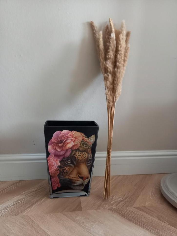 Vaas met Panter en Pluimen, Huis en Inrichting, Woonaccessoires | Vazen, Zo goed als nieuw, Zwart, Minder dan 50 cm, Glas, Ophalen