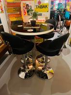 Zwarte ronde bartafel glas/staal met 4 krukken, Ophalen, Gebruikt