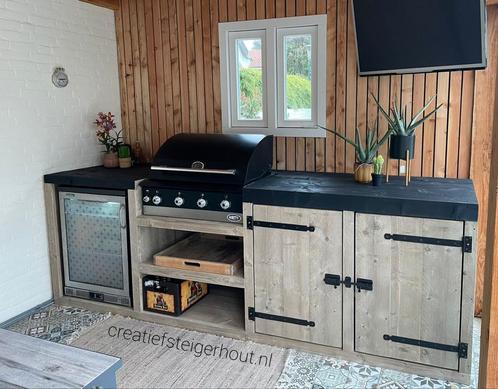Houten buitenkeuken gas bbq koelkast mancave steigerhout, Tuin en Terras, Buitenkeukens, Nieuw, Gas, Inbouw, Vrijstaand, Ophalen of Verzenden