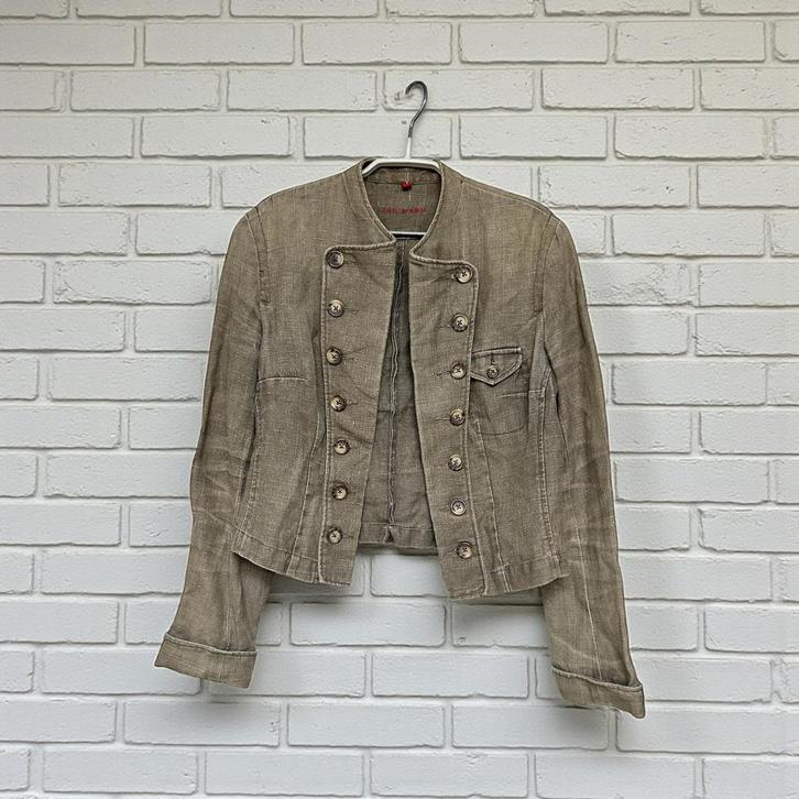 The Barn Blazer Maat 36 Beige Bruin Linnen Militaire Style, Kleding | Dames, Jasjes, Kostuums en Pakken, Zo goed als nieuw, Jasje