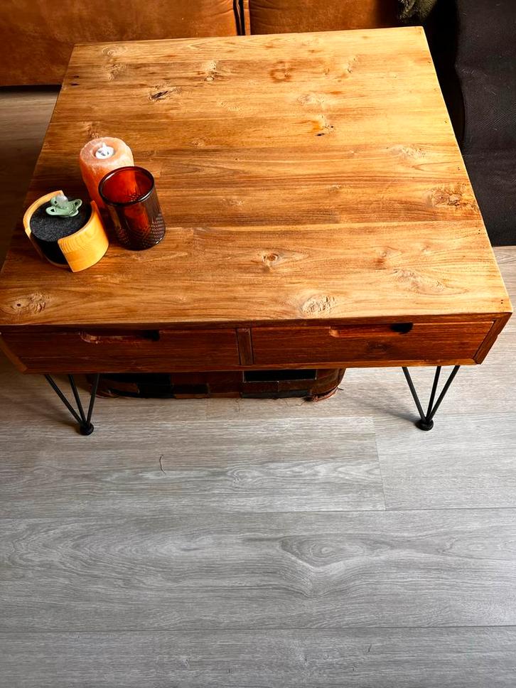 Mangohouten Salontafel met Metalen Poten, Huis en Inrichting, Tafels | Salontafels, Gebruikt, Minder dan 50 cm, 50 tot 100 cm