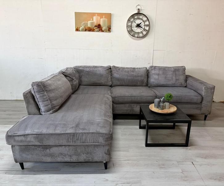Hoekbank Grijs Ribstof - Bezorging mogelijk, Huis en Inrichting, Banken | Sofa's en Chaises Longues, Zo goed als nieuw, Vierpersoons of meer
