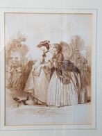 Mooie antieke ingelijste prent uit Engeland met twee vrouwen, Antiek en Kunst, Ophalen of Verzenden