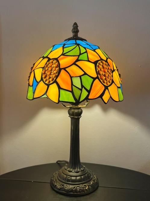 2 stuks Glas in lood tiffany stijl tafellampen zonnebloemen, Huis en Inrichting, Lampen | Tafellampen, Minder dan 50 cm, Glas