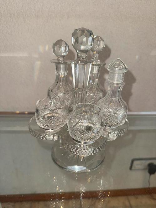 Fijn kristallen cruetset op plateau met karaffen en potjes, Antiek en Kunst, Antiek | Glas en Kristal, Ophalen of Verzenden