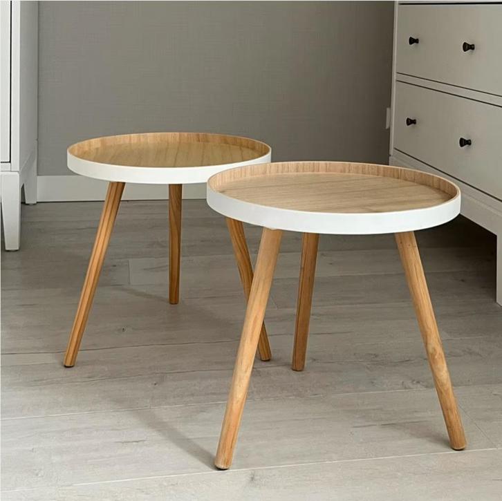Set Scandinavische bijzettafels, Huis en Inrichting, Tafels | Bijzettafels, Zo goed als nieuw, Rond, 45 tot 60 cm, Minder dan 55 cm