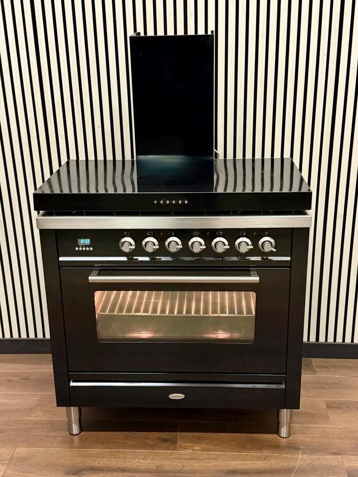 Luxe Boretti Fornuis zwart hoogglans Incl. Afzuigkap 90 cm, Witgoed en Apparatuur, Fornuizen, Zo goed als nieuw, Vrijstaand, Gas