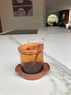 VINTAGE suiker / confiture pot, olijhout / gerookt glas 9cm, Huis en Inrichting, Ophalen of Verzenden, Zo goed als nieuw