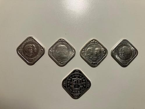 4x jubileum stuiver en 1x 50 centecu, 1970-1992, zie foto's, Postzegels en Munten, Munten | Nederland, Losse munt, 5 cent, Koningin Beatrix