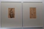 2 tekeningen in witgeschilderde wissellijstjes, Antiek en Kunst, Kunst | Tekeningen en Foto's, Ophalen of Verzenden