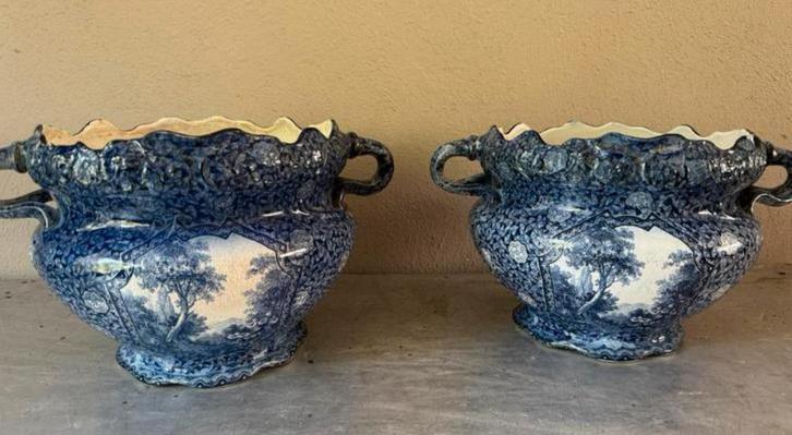 Antieke Delfts Blauwe Bloempotten (Set van 2), Antiek en Kunst, Antiek | Keramiek en Aardewerk, Ophalen of Verzenden