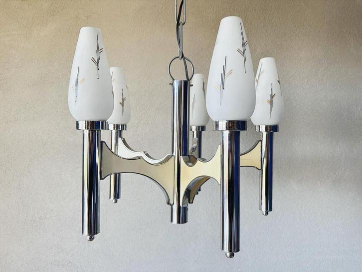 Vintage Sciolari hanglamp, Huis en Inrichting, Lampen | Hanglampen, Gebruikt, 75 cm of meer, Glas, Metaal, Ophalen