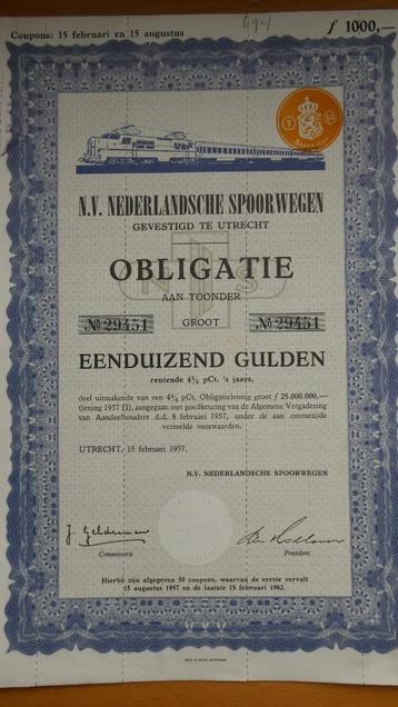 N.V. Nederlandsche Spoorwegen OBLIGATIE 1000 Gulden 1957 beschikbaar voor biedingen
