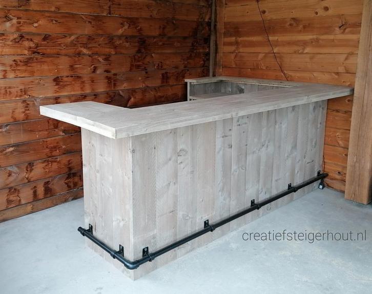 Bar van steigerhout l vorm buizen zwart overkapping koelkast, Huis en Inrichting, Overige Huis en Inrichting, Nieuw, Ophalen of Verzenden