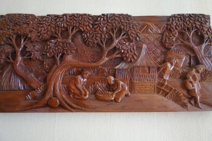 Vintage Indonesisch /Bali handgesneden houten paneel 69 x 32, Antiek en Kunst, Kunst | Niet-Westerse kunst, Ophalen of Verzenden