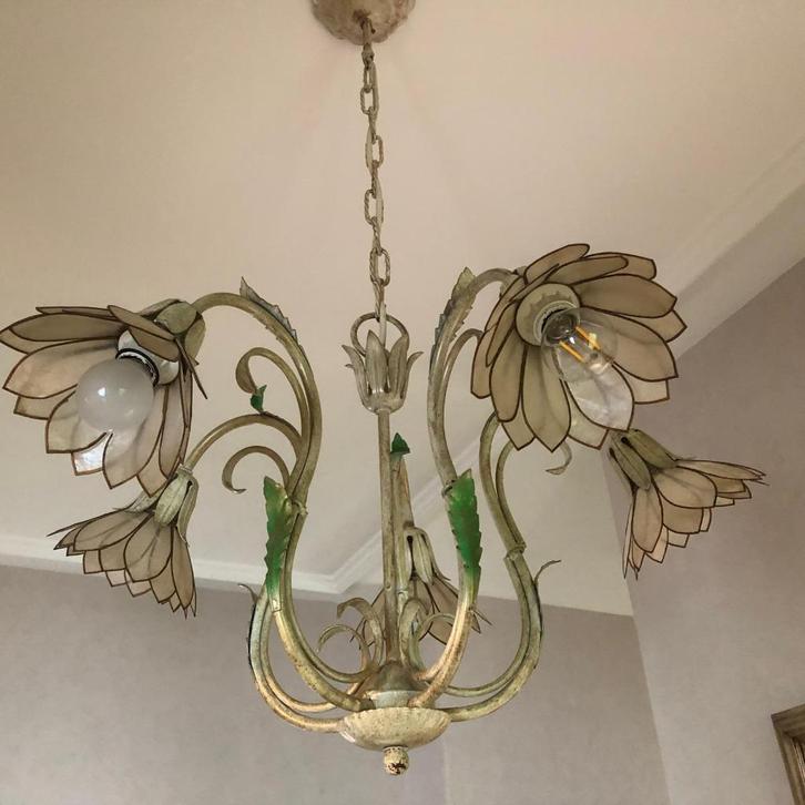 5-armige kroonluchter met Capiz schelpen - Vintage ('70), Huis en Inrichting, Lampen | Kroonluchters, Gebruikt, Metaal, Ophalen