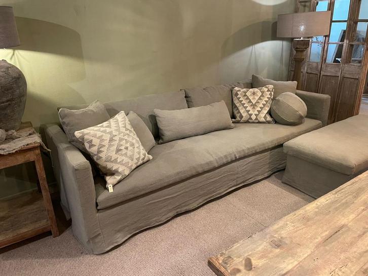 Landelijke grof linnen bank sofa leer stof hocker landelijk, Huis en Inrichting, Banken | Bankstellen, Hoekbank, Leer, Ophalen of Verzenden