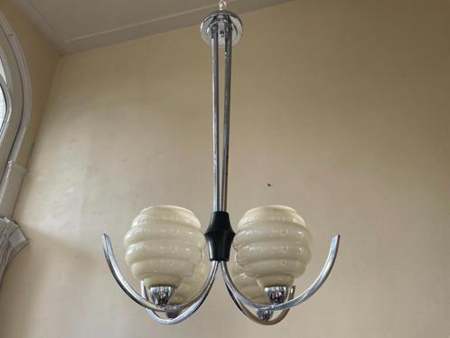 Lamp Hanglamp Plafondlamp art deco 1930 4 arms gele bollen, Antiek en Kunst, Antiek | Lampen, Ophalen of Verzenden