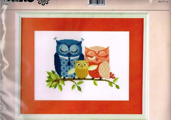 Cado pako groot borduurpakket, 3 gekleurde uilen op tak, Hobby en Vrije tijd, Borduren en Borduurmachines, Nieuw, Borduurpakket