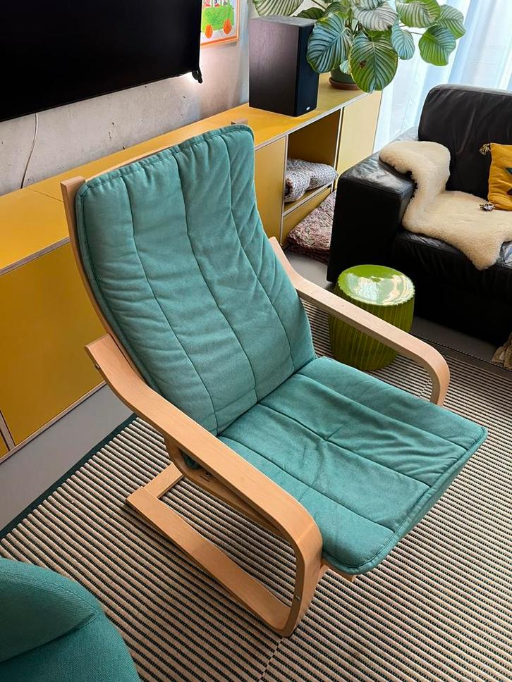 IKEA POANG fauteuil met handgemaakte groene bekleding, Huis en Inrichting, Fauteuils, Zo goed als nieuw, Hout, Minder dan 50 cm