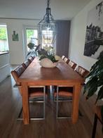 teak tafel 270x100 met 8 leren stoelen, Huis en Inrichting, Tafels | Eettafels, Ophalen, Gebruikt, Landelijk
