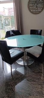 Ronde eetkamertafel van melk glas met rvs ronde poot., Huis en Inrichting, Tafels | Eettafels, Ophalen, Gebruikt, 50 tot 100 cm