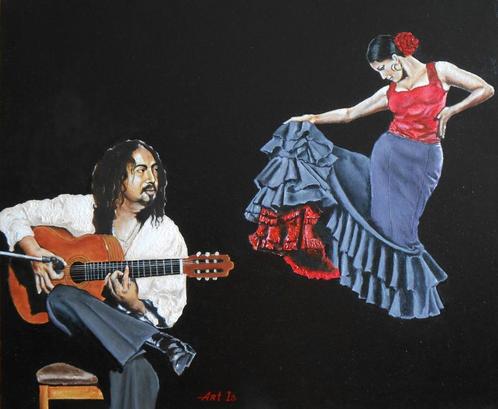 "Flamenco Gitarist" & "Flamenco Danseres" Schilderij, Antiek en Kunst, Kunst | Schilderijen | Modern, Verzenden