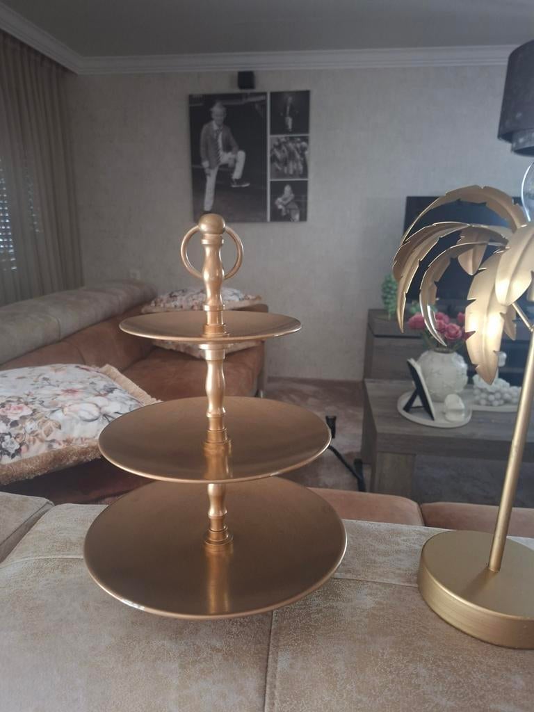 Gouden decoratie set: etagere, palmboom, windlicht, Ophalen of Verzenden, Zo goed als nieuw, Goud, Metaal
