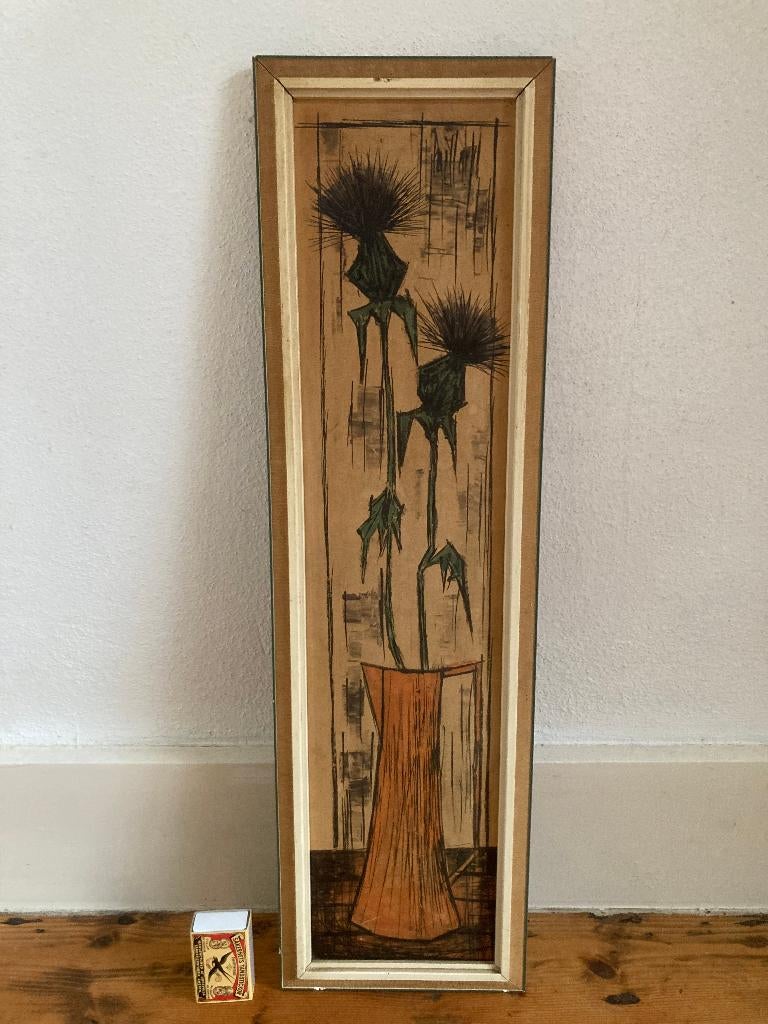 Sixties vintage distels in vaasje smal rank schilderijtje, Minder dan 50 cm, Ophalen of Verzenden, Zo goed als nieuw, Schilderij