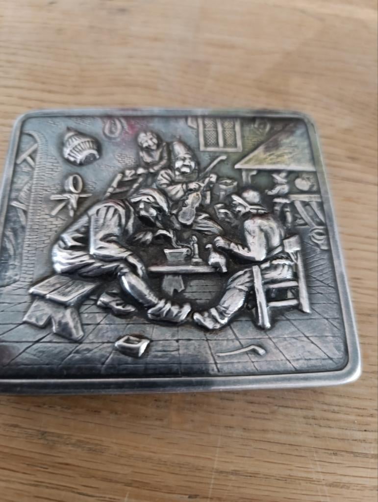 Antiek verzilverd sigarettendoosje met inscriptie, Antiek en Kunst, Ophalen of Verzenden