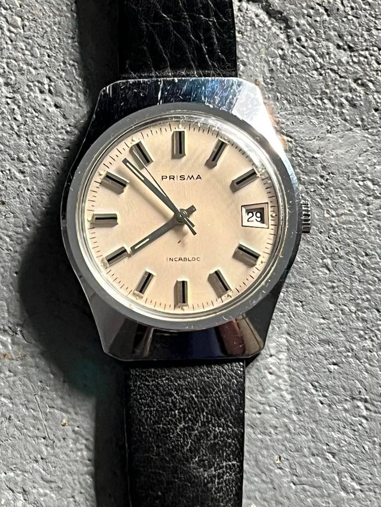 Vintage Prisma heren pols horloge incabloc nappa leren band, Ophalen of Verzenden, Staal, Leer, Overige merken