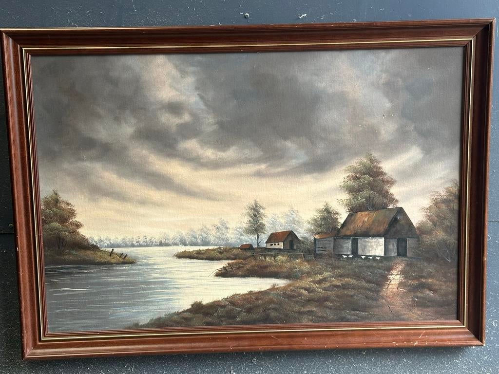 Rivierlandschap schilderij met boerderijtjes, Huis en Inrichting, Woonaccessoires | Schilderijen, Tekeningen en Foto's, Ophalen of Verzenden