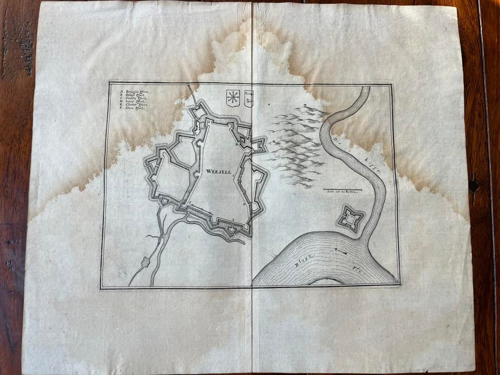 Antieke kaart (vestingkaart) Wezel C. Merian 1660, Antiek en Kunst, Ophalen of Verzenden