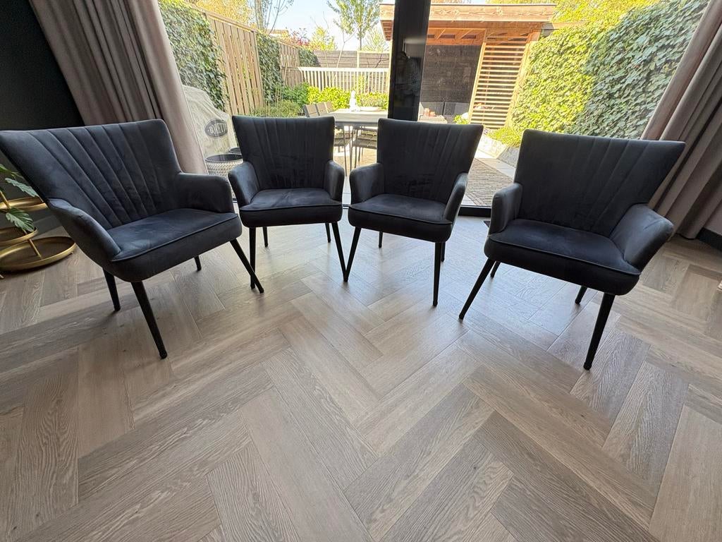 4 grijze Goossens eetkamerstoelen, Huis en Inrichting, Stoelen, Ophalen, Gebruikt, Vier, Stof