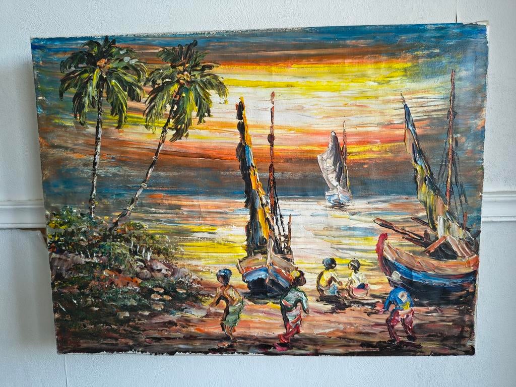 Schilderij Tropisch Zeezicht met Palmbomen en Boten, Ophalen of Verzenden