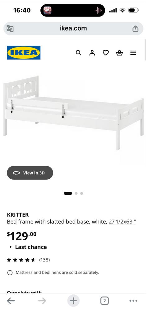 IKEA KRITTER peuterbed met lattenbodem en matras, Ophalen, Gebruikt, 70 tot 85 cm, Lattenbodem