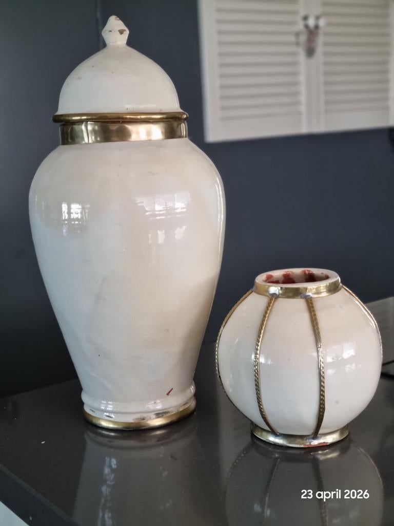 Vintage Gemberpot en Bolvaas - Crème met Messing Details, Ophalen of Verzenden