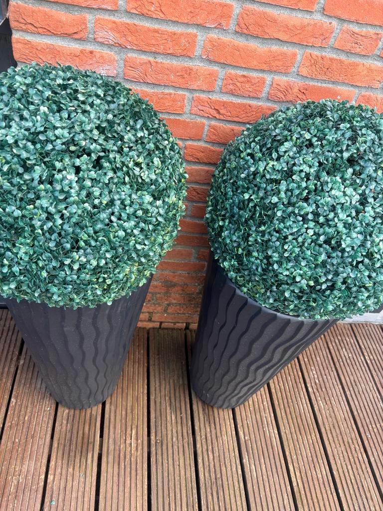Hoge kunststof bloembakken 70cm met kunststof buxusbol, Ophalen, Kunststof, Gebruikt, 60 cm of meer