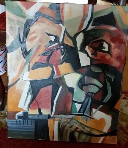 Olieverf schilderij moderne kunst v d Burg., Ophalen