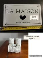 Rivièra Maison 3 witte waxinelichtjes en metalen bordje, Gebruikt, Wit, Ophalen of Verzenden, Metaal