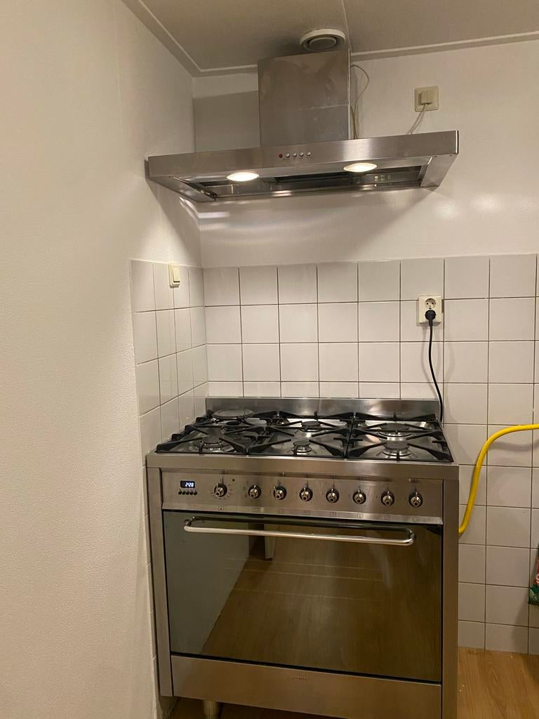 SMEG gasfornuis + oven, afzuigkap en backsplash, Ophalen, Gebruikt, 60 cm of meer, Gas
