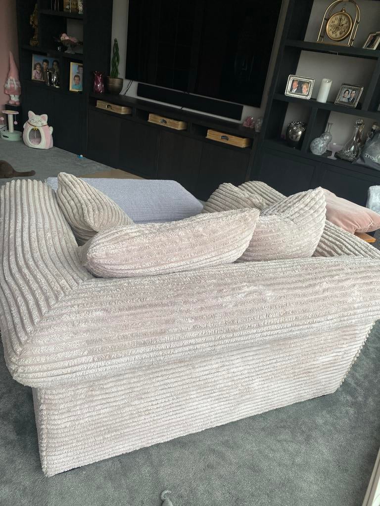 Taupe ribstof bank met poef Sacramento Rofra home, Gebruikt, 150 tot 200 cm, Tweepersoons, 75 tot 100 cm
