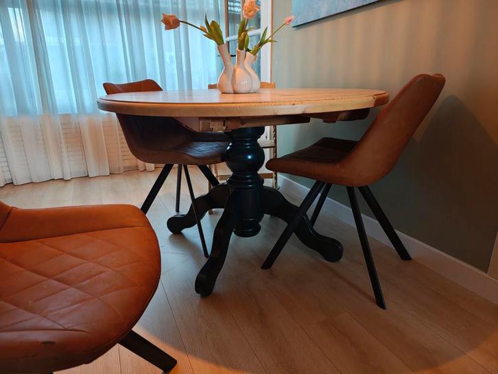 Ronde eettafel met 4 stoelen, uitschuifbaar, Huis en Inrichting, Tafels | Eettafels, Ophalen of Verzenden