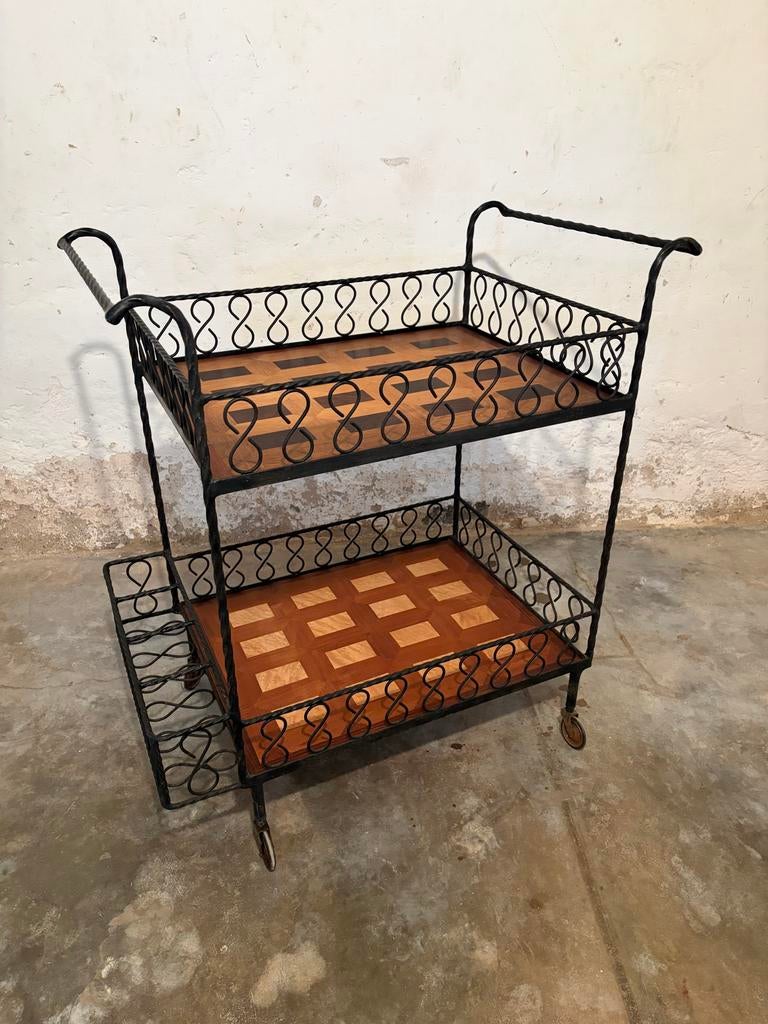 Smeedijzeren barwagen met houten bladen en flessenrek, Antiek en Kunst, Antiek | Meubels | Tafels, Ophalen of Verzenden