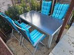 Tuinset met glazen tafel en kussens, Ophalen, 4 zitplaatsen, Gebruikt, Aluminium