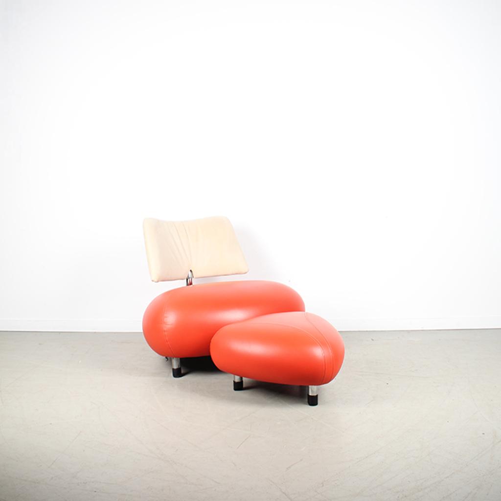 1x Leolux Pallone Fauteuil + Hocker Rood Leer + Wit Stof, Huis en Inrichting, Fauteuils, Niet ingevuld, Niet ingevuld, 75 tot 100 cm