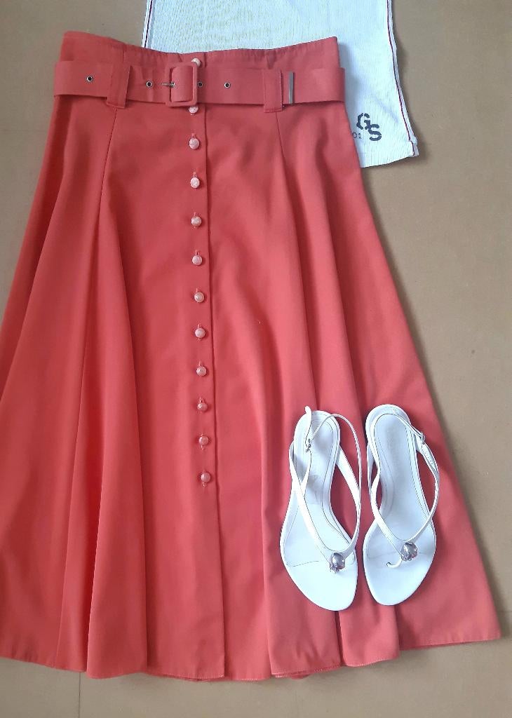 Vintage roze-oranje midi rok, met knoopsluiting en ceintuur, Ophalen of Verzenden, Roze, Maat 36 (S), Gedragen