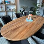 Tuinset ovale Teak tafel 240 x 120 cm + 8 wicker tuinstoelen, ., Teakhout, Ophalen of Verzenden, Zo goed als nieuw