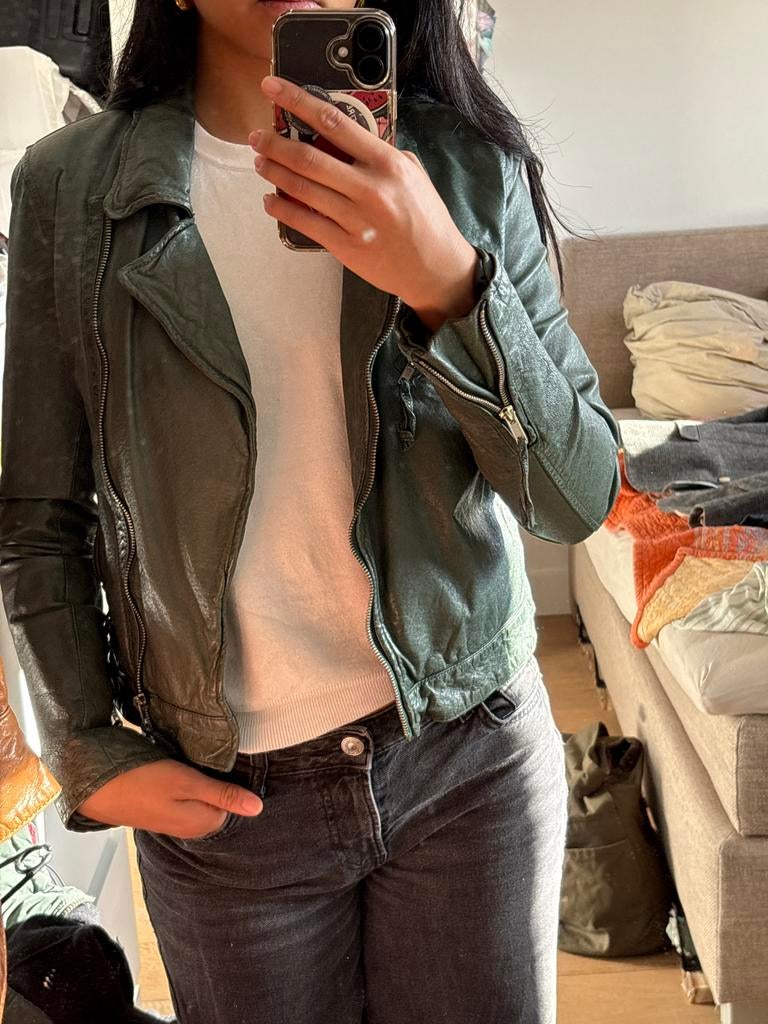 Groen leren bikerjack Rock'n Blue - Maat EU38, Ophalen of Verzenden, Gedragen, Maat 38/40 (M), Groen