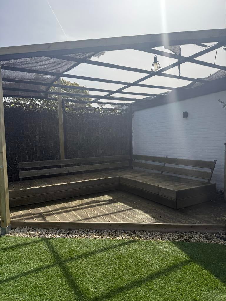 Houten loungebank voor buiten, Tuin en Terras, Tuinsets en Loungesets, Ophalen, Gebruikt, Meer dan 8 zitplaatsen, Loungeset